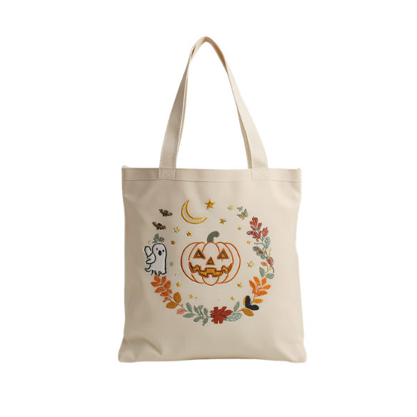 Embroidered Colorful Autumn Halloween Canvas Tote Bag with Jack-O'-Lantern, Ghost & Moon