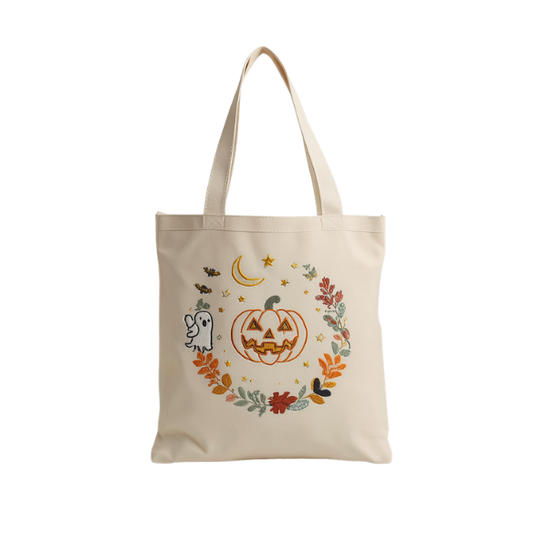 Embroidered Colorful Autumn Halloween Canvas Tote Bag with Jack-O'-Lantern, Ghost & Moon