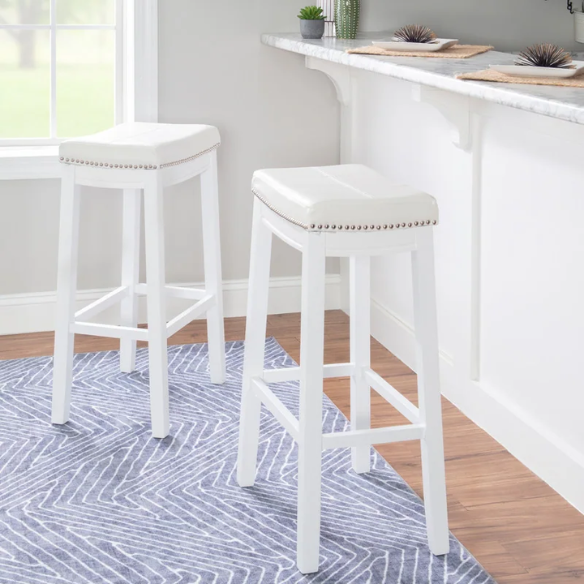 Backless Upholstered Counter Stool – Sturdy Wood Frame, Faux Leather Seat with Nailhead Trim & Double-Needle Stitching for Stylish and Durable Seating