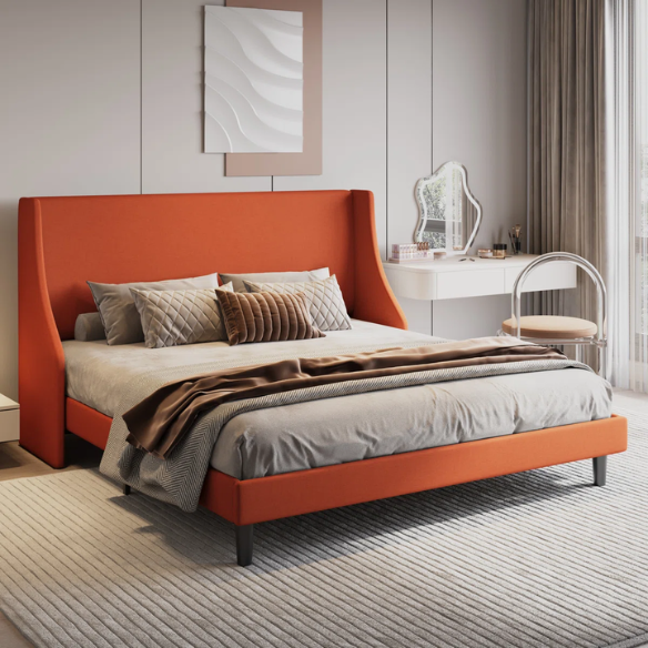Luxurious King Size Upholstered Platform Bed with Deluxe Wingback Headboard – Soft Velvet and Linen Blend Upholstery, Sturdy Solid Wood Frame, and Modern Minimalist Design for Ultimate Comfort