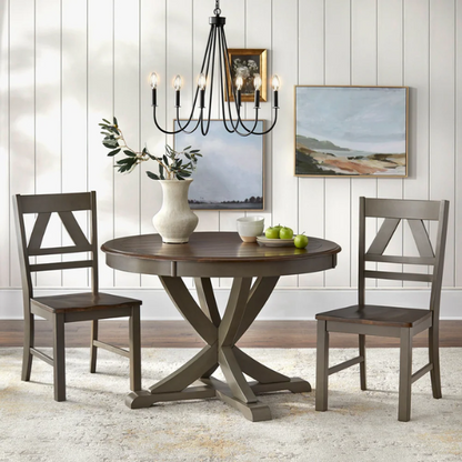 Charming Country-Style Dining Set with Rustic Appeal – Round Table & Geometric Back Chairs