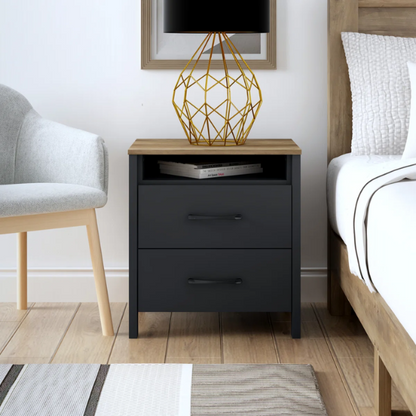 22.7" 2-Drawer Nightstand – Space-Saving Modern Minimalism, Engineered Wood with Clean-Lined Silhouette, Neutral Finish, Open Cubby & 2 Spacious Drawers for Bedroom Storage, Ideal for Tech & Accessories