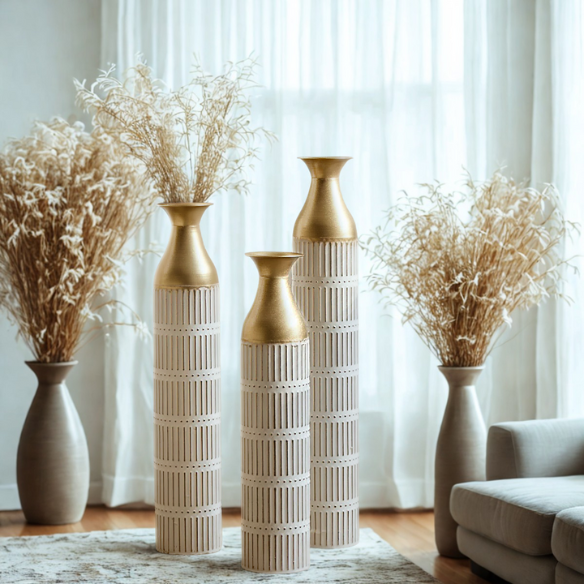 Elegant White and Gold Floor Vase Set (3-Piece) – Large Metal Vases with Embossed Stripe Pattern and Antique White Finish, Timeless Décor for Any Space