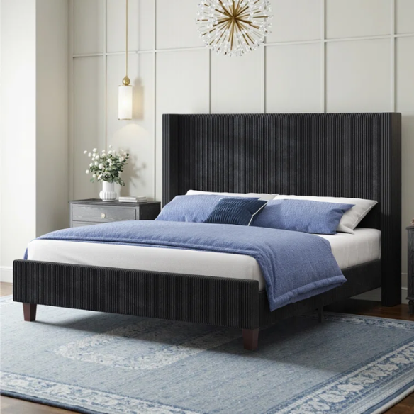 Modern King Size Corduroy Upholstered Bed with Wingback Design – Solid Wood and Metal Frame with Tapered Legs and Extra Cushioned Comfort