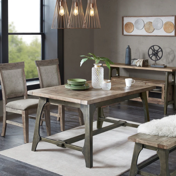 Oliver Grey Extension Dining Table – Rectangular Self-Storing Butterfly Leaf, Seats 6, Weathered Grey Finish with Antique Bronze Accents