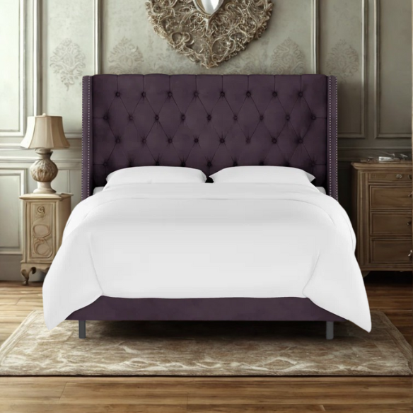 Chic Upholstered Wingback King Size Bed with Button Tufting and Nailhead Trim