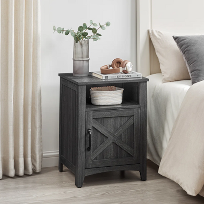 Farmhouse Nightstand with Cabinet & Open Compartment – Rustic Bedside Table, Distressed Finish, Barn Door Style, Matte Black Metal Handles, Flared Legs, Versatile Storage for Bedroom or Living Room