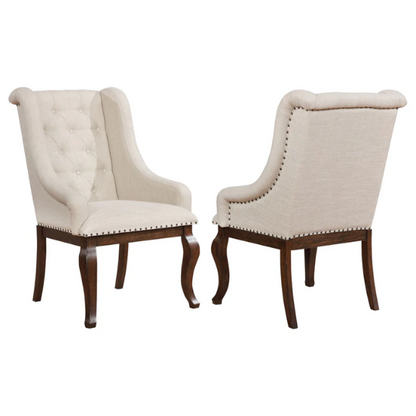 Beige Button Tufted Upholstered Arm Chairs with Dark Brown Wooden Legs (Set of 2) – Elegant Accent Dining or Lounge Seating