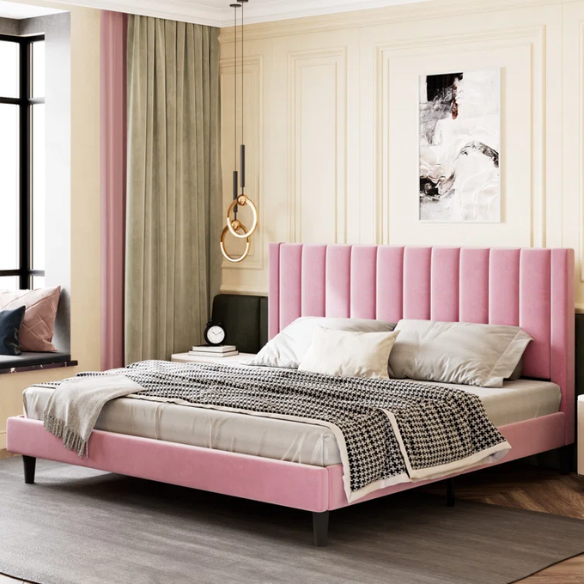 King Size Upholstered Platform Bed with Velvet Headboard, Foam Padding, and Noise-Free Construction for Ultimate Comfort