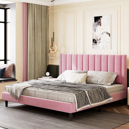 King Size Upholstered Platform Bed with Velvet Headboard, Foam Padding, and Noise-Free Construction for Ultimate Comfort