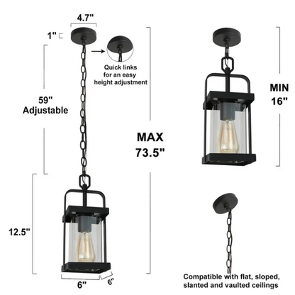 Modern Farmhouse Outdoor Patio lights Black Pendant Lighting Glass Shade Ceiling Light - Textured Black - L 6"x W 6"x H 12.5"