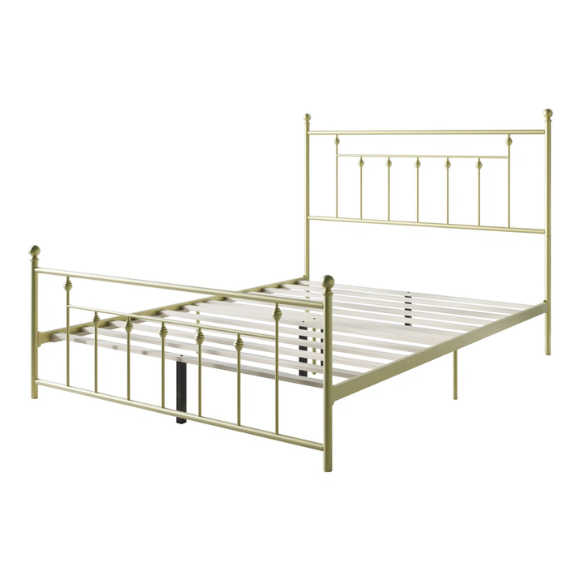King Size Metal Open-Frame Platform Bed with Spindle Accents, Storage Footboard, and Slat Kit – No Box Spring Needed, Ideal for Farmhouse to French Country Styles