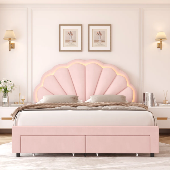 Floral-Inspired Queen Size Upholstered LED Bed Frame with Luxury Velvet, Drawer, and Adjustable Headboard