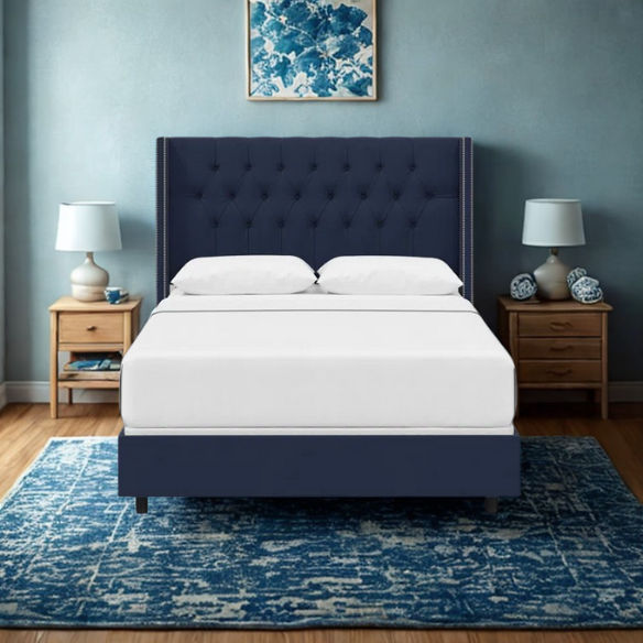 Timeless Upholstered Wingback King Size Bed with Button Tufting and Nailhead Trim