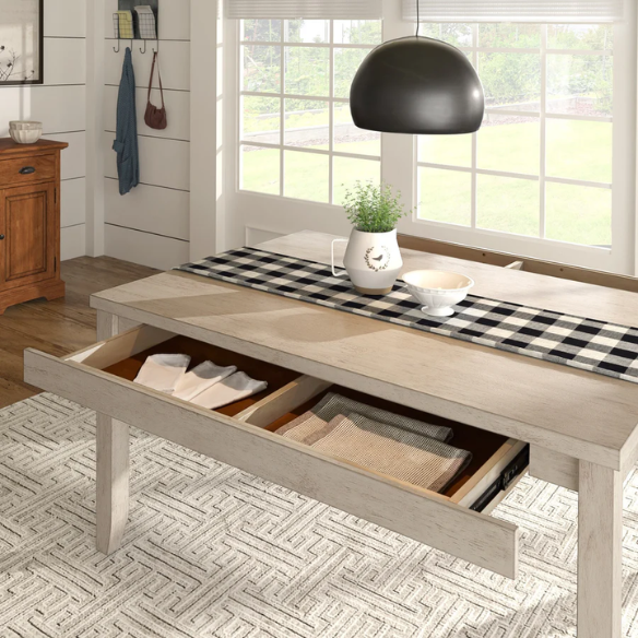 Solid Wood Rectangular Dining Table with Two Drawers – Distressed Finish, Rubberwood Construction, and Organized Storage