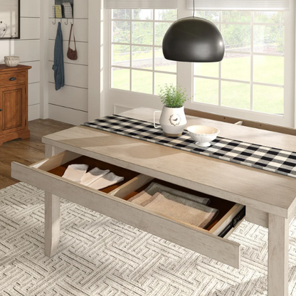 Solid Wood Rectangular Dining Table with Two Drawers – Distressed Finish, Rubberwood Construction, and Organized Storage