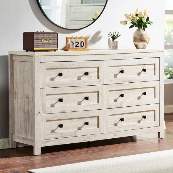 6-Drawer Dresser – A Perfect Blend of Rustic Charm and Industrial Elegance, Featuring a Clean-Lined Silhouette and Weathered Finish. Crafted from Solid and Engineered Wood