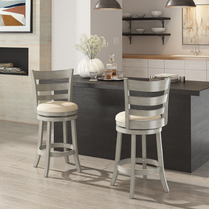 Upholstered Back Swivel Bar Stool – Durable Rubberwood Frame, 360° Swivel Seat, Ring Footrest, and Foam-Padded Linen or Faux Leather Upholstery for Comfortable Everyday Dining