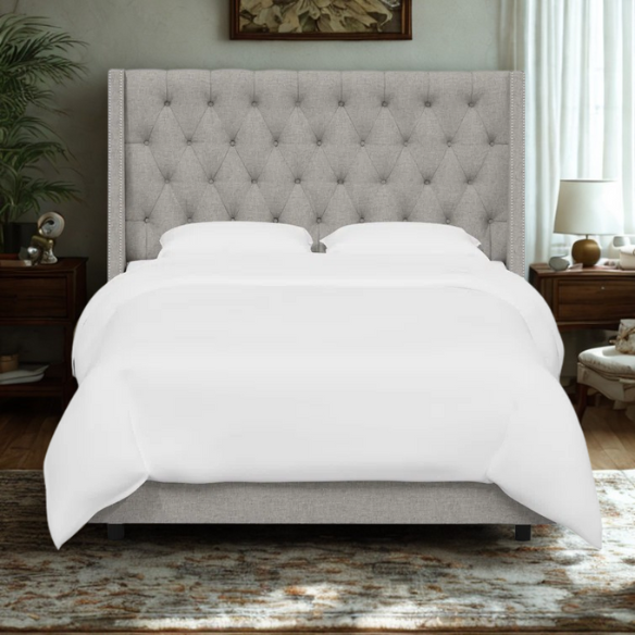 Chic Upholstered Wingback King Size Bed with Button Tufting and Nailhead Trim