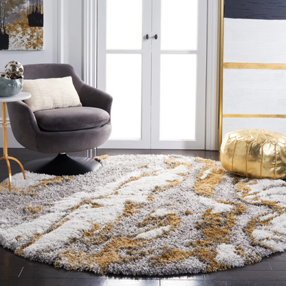 Plush Abstract Gold & Grey Pattern Shag Rug