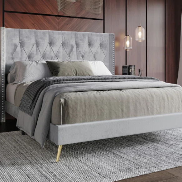 Luxurious King Size Upholstered Wingback Bed with Velvet Upholstery – Elegant Diamond Tufting, Nailhead Trim, Gold-Finished Feet, and Foam-Padded Headboard for Ultimate Comfort and Style