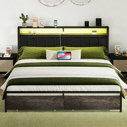 Modern LED King Size Bed Frame with Storage Drawers and Built-in Charging Station