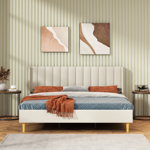 Luxury Corduroy Upholstered King Size Platform Bed Frame - Stylish Modern Wingback Design with Ultimate Comfort