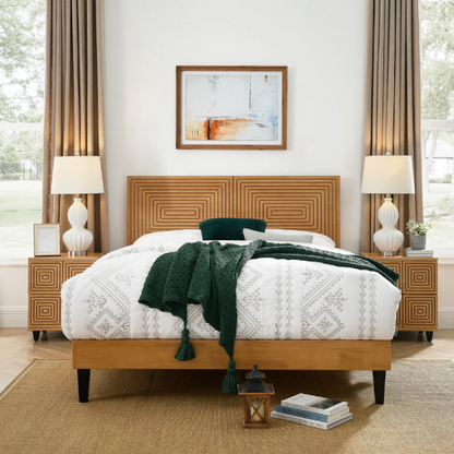 Mid-Century Modern King Size Solid Wood Platform Bed with Adjustable Height Headboard – Stylish Streamlined Design for a Contemporary Bedroom Look