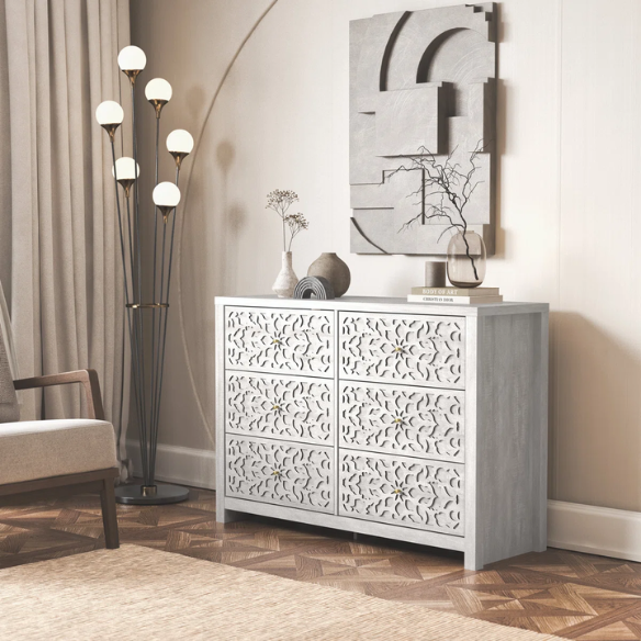 Boho-Inspired 45.4" 6-Drawer Dresser with Distressed Finish and Openwork Floral Details