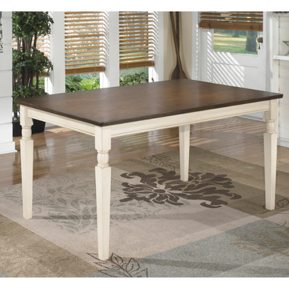Rectangular Dining Room Table – Elegant White Finish with Rich Brown Top, Sleek Tapered Legs, and Timeless Design