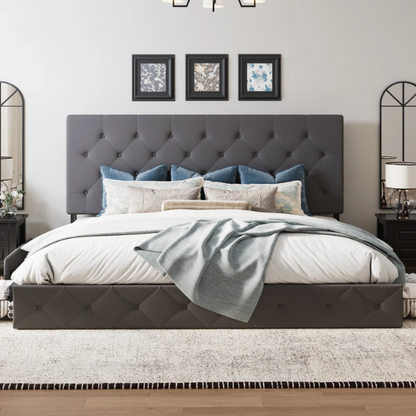 King Size Upholstered Platform Bed with Storage Drawers, Padded Headboard, and Sophisticated Button Tufting