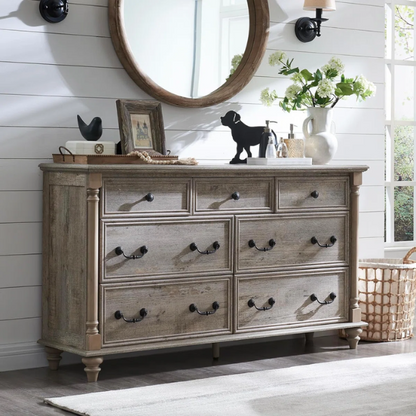 Farmhouse 7-Drawer Rustic Dresser with Two Drawer Sizes, Perfect for Bedroom or Living Room Storage