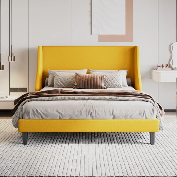 Modern Queen Size Upholstered Platform Bed with Deluxe Wingback and Linen Blend Fabric