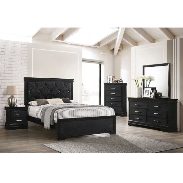 Luxurious 5-Piece Full Double Size Bedroom Set – Diamond Tufted Velvet Headboard with Wooden Trim and Elegant Button Detailing