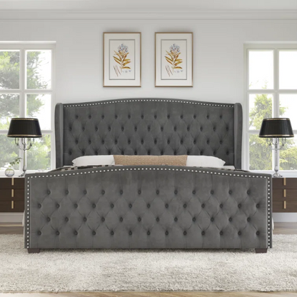 Velvet Queen Size Bed with Button Tufted Upholstery, Nailhead Trim, and Wingback Headboard
