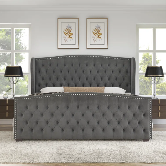 Velvet Queen Size Bed with Button Tufted Upholstery, Nailhead Trim, and Wingback Headboard