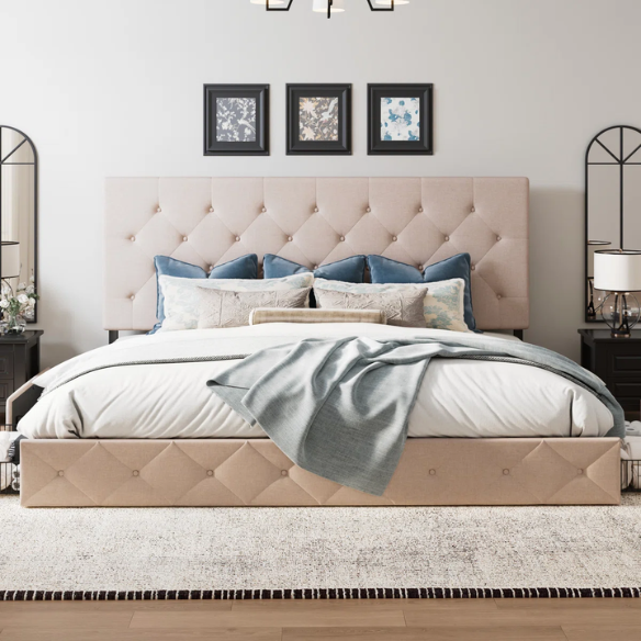 Button Tufted Upholstered Platform Storage Bed – Full Double Size with Spacious Drawers