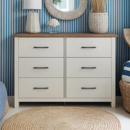 Modern 6-Drawer Double Dresser with Flared Feet and Sleek Black Metal Handles