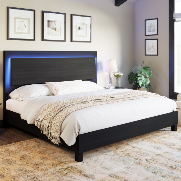 Modern King Size Wood Bed Frame with LED-Integrated Headboard & Adjustable Features for Ultimate Comfort