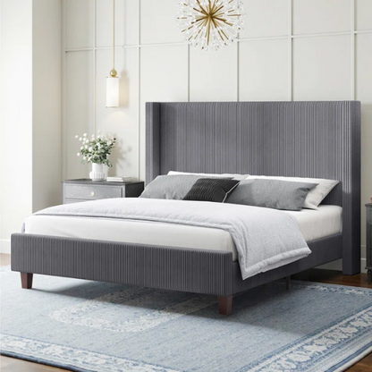 Modern King Size Corduroy Upholstered Bed with Wingback Design – Solid Wood and Metal Frame with Tapered Legs and Extra Cushioned Comfort