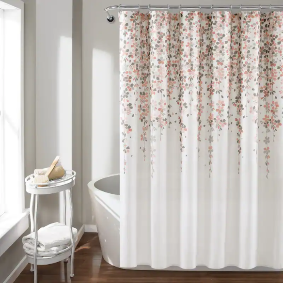 Light Peony Pink, Grey, and White Weeping Flower Shower Curtain – Elegant Floral Bathroom Décor, 72" x 72"