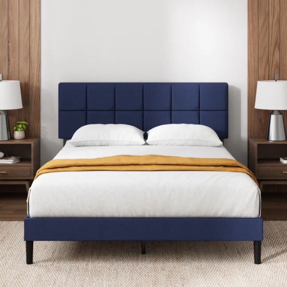 Modern King Size Upholstered Low Profile Platform Bed – Square-Tufted Headboard, Durable Steel Frame