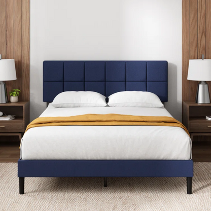 Modern King Size Upholstered Low Profile Platform Bed – Square-Tufted Headboard, Durable Steel Frame