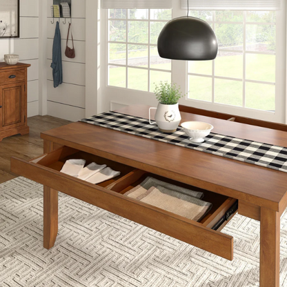 Solid Wood Rectangular Dining Table with Two Drawers – Distressed Finish, Rubberwood Construction, and Organized Storage