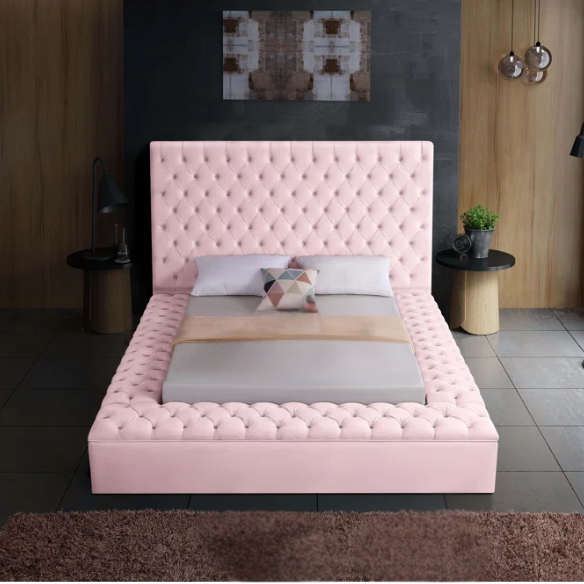 Elegant Velvet Upholstered King Size Platform Storage Bed with Tufted Headboard and Slats