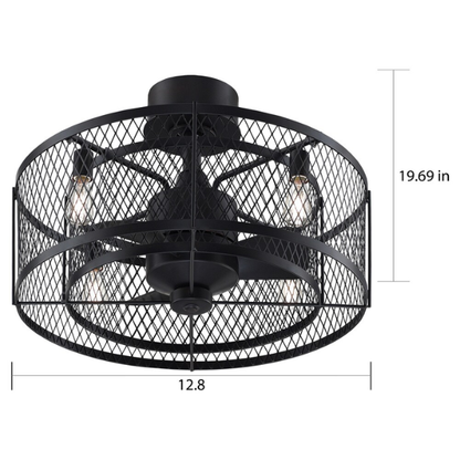 Aged Bronze 4-Light Ceiling Fan – Industrial Cage-Style Fan with Edison Bulbs & Handheld Remote for Modern Home Décor
