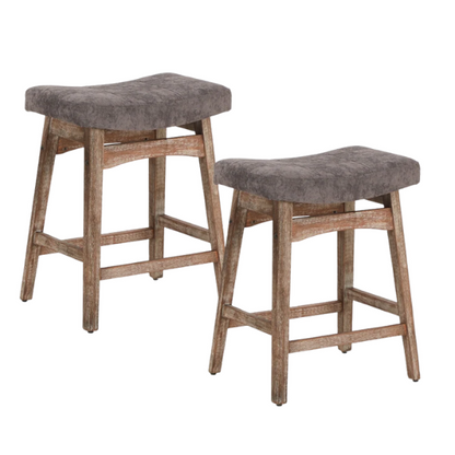 24-Inch Solid Wood Barstools with Linen/PU Leather Fabric Cushion – Set of 2 Backless Saddle Seat Counter Stools for Modern Living