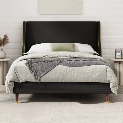 Elegant Linen Wingback Upholstered Platform Bed Frame – Luxurious Full Double Size Design with Gold Piping, Sturdy Support, and Effortless Assembly