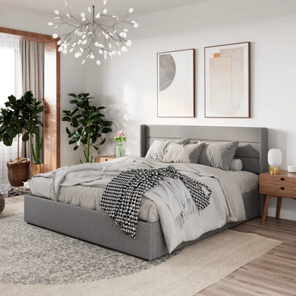Modern King Size Upholstered Platform Bed with Hydraulic Lift Storage – Sleek Grooved Headboard, Space-Saving Design, and No Box Spring Needed