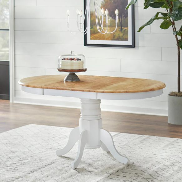 Farmhouse Solid Rubberwood Dining Table with 22-Inch Extension Leaf – Pedestal Base, Seats 6, Available in Oak, Matte Black, White/Natural, Grey/Walnut Finishes